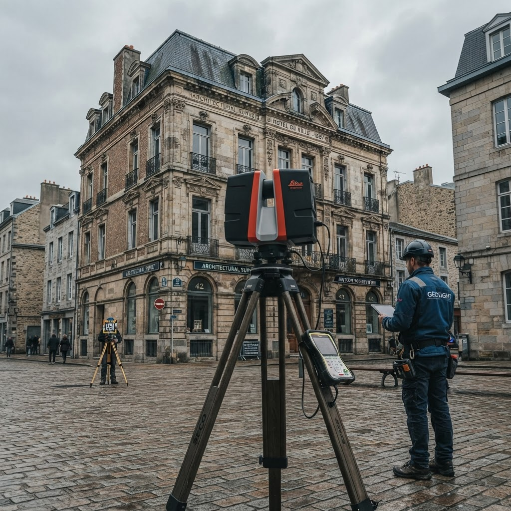 Scaner laser 3D pe trepied în fața unei fațade istorice