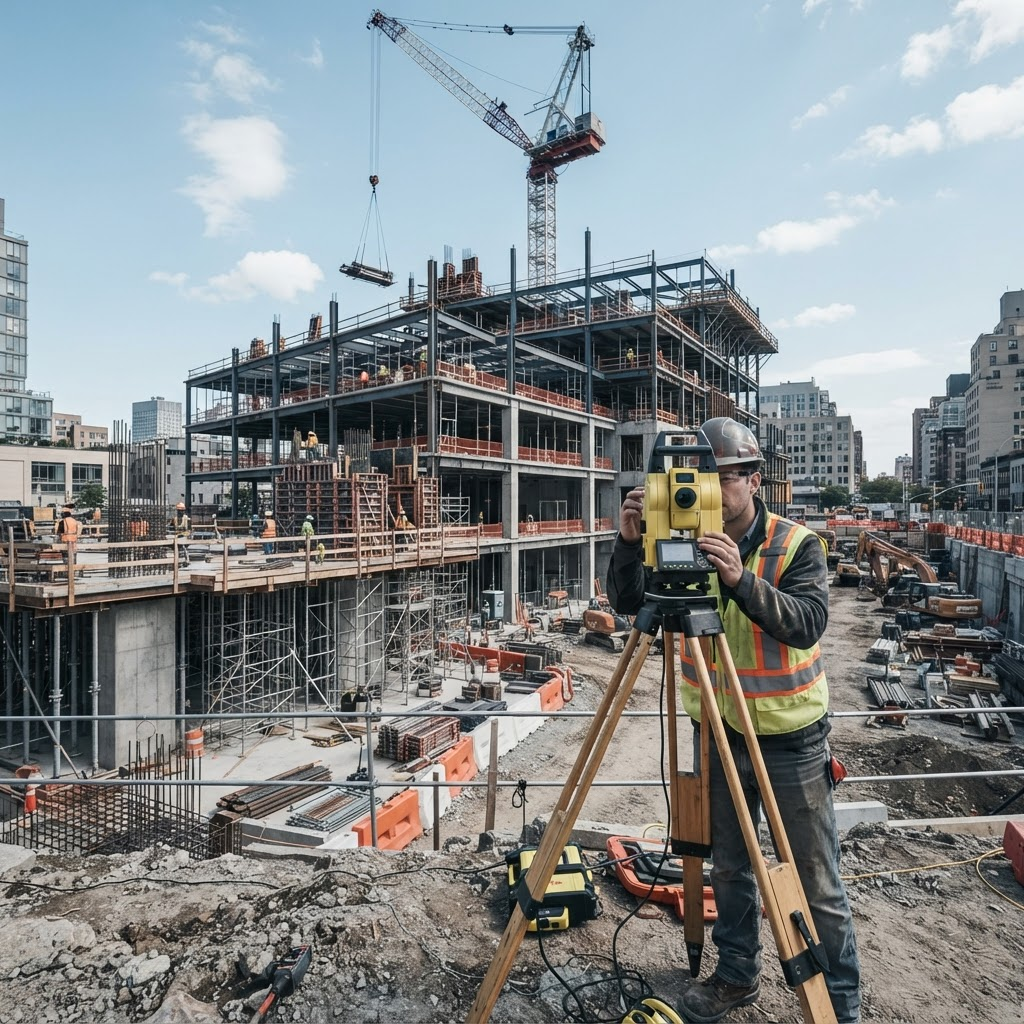 Șantier de construcție cu macara și stație totală în prim-plan