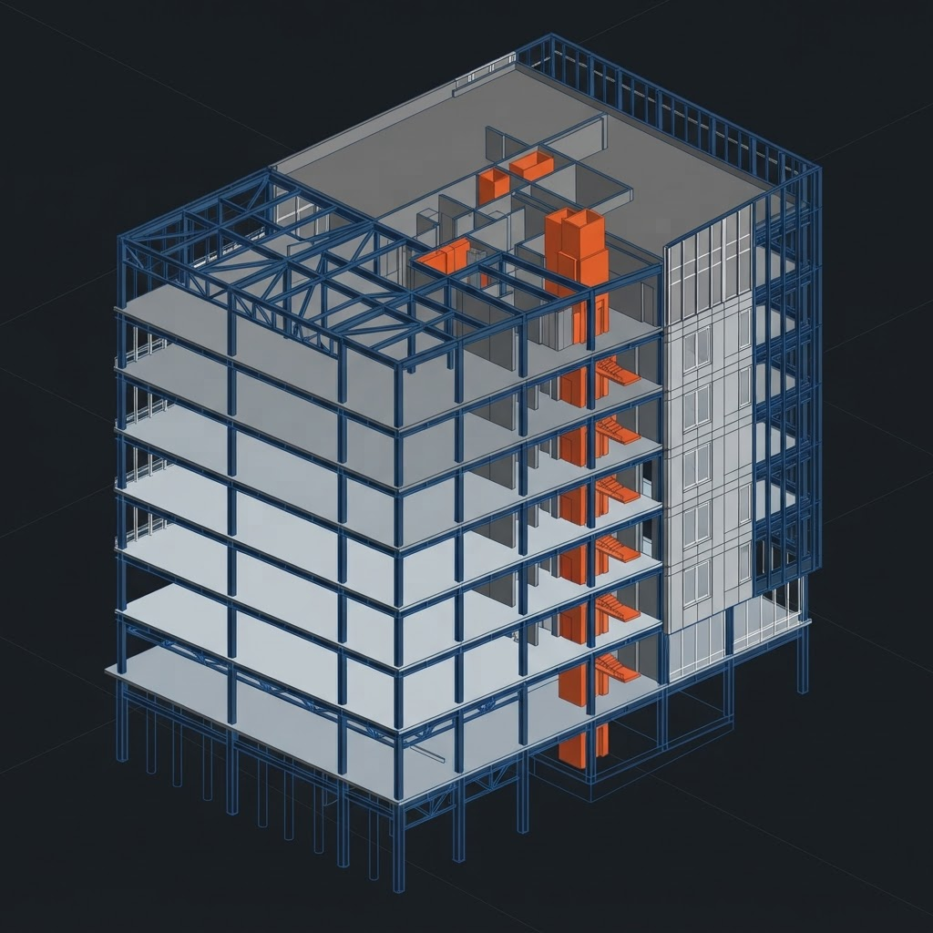 Model BIM Revit 3D al unei clădiri, wireframe structural colorat