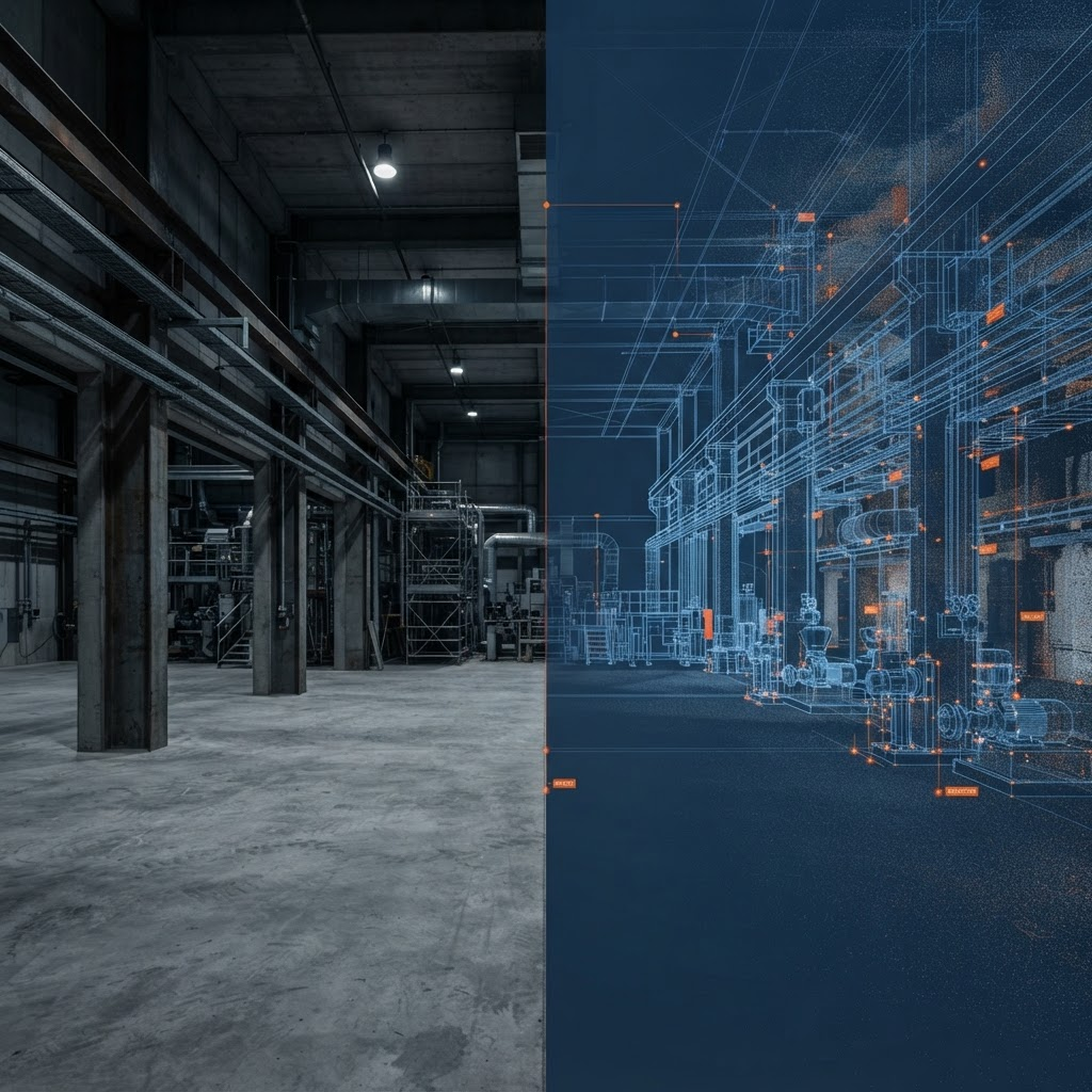 Interior industrial suprapus cu model BIM și date de scanare, ilustrând tranziția de la realitate la digital twin