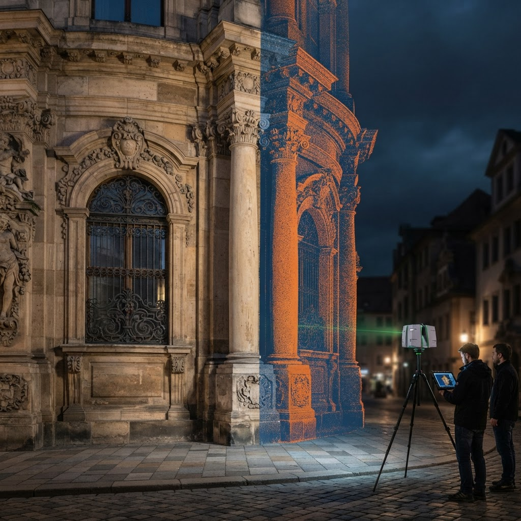Fațadă istorică scanată 3D, jumătate fotografie și jumătate nor de puncte