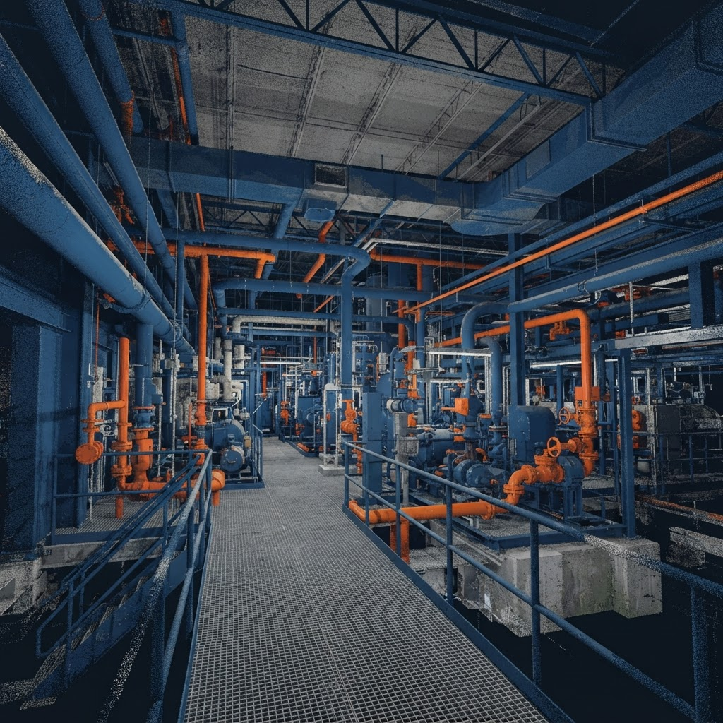Interior industrial cu conducte și instalații capturat ca nor de puncte 3D